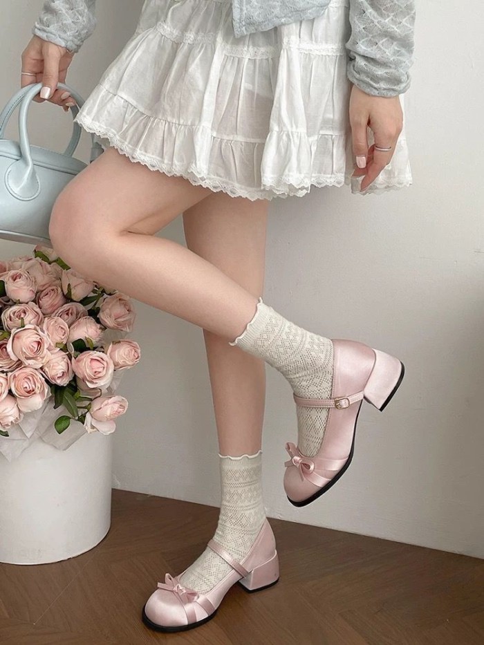 Pháp Satin Nơ Mũi Tròn Gót Dày Mary Jane Cho Nữ Thu Đông Mới Retro Ba Lê Phong Cách Giày Đơn