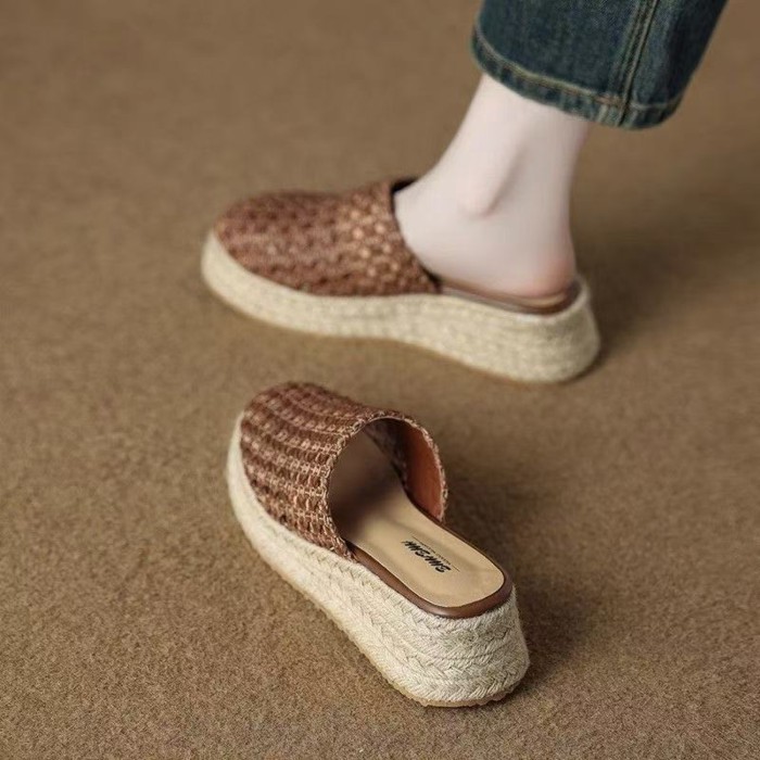 Dép rơm đế dày, giày dệt mũi nhọn bằng vải lưới thông thường, tăng chiều cao Giày lười nửa cúp Mull
