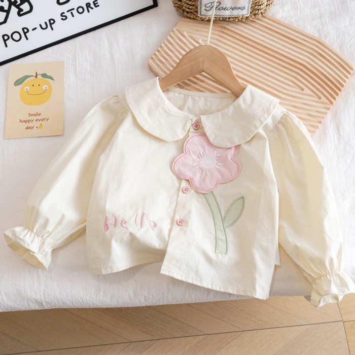 Quần Áo Xuân Thu Mới Cho Bé Gái Ve Áo Cotton Nguyên Chất Phong Cách Hàn Quốc Áo Sơ Mi Bé Gái Áo