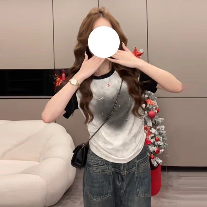 Áo Thun Nữ Tay Raglan Họa Tiết Kim Cương Giả, Phong Cách Mới Hàn Quốc, Perfect Fit Summer