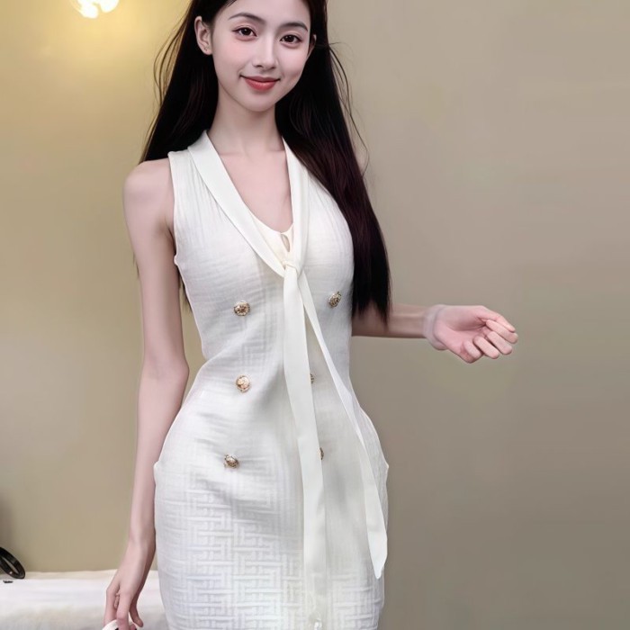 Váy dệt kim cổ chữ V màu trắng cho nữ, váy ngắn ôm eo ôm hông