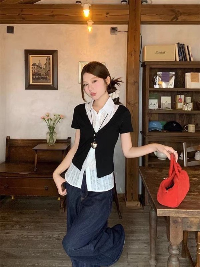 Áo thun ngắn tay cổ POLO giả hai dây màu đen kiểu Hàn Quốc xếp vai, áo mùa hè đa năng