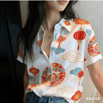 Tết Nguyên Đán Áo Sơ Mi Nữ Áo Sơ Mi In Toàn Bộ Quần Áo Áo Sơ Mi Hawaii Tay Ngắn Áo Sơ Mi Quá Khổ Áo Sơ Mi Nữ 107b