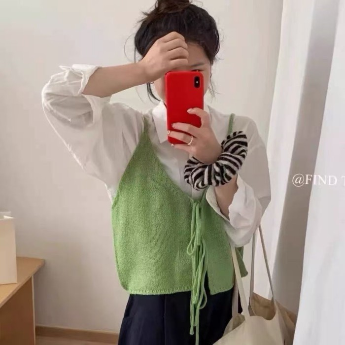 Áo vest dệt kim nhiều lớp thiết kế quai phong cách đầu thu màu trơn kiểu nước ngoài dành cho trang