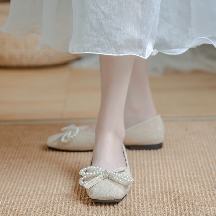 Giày đơn nữ, giày mũ len mũi nông, đế mềm nơ đế mềm, giày buổi tối