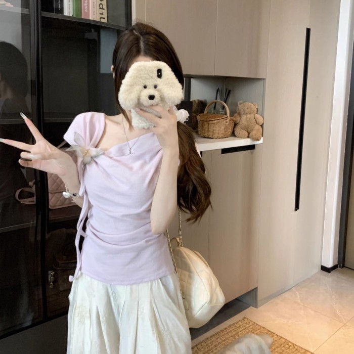 Lan ~ Size Lớn Béo mm Bướm Ren Pure Desire Hot Girl Áo Thun Nữ Tay Ngắn Mùa Hè Phong Cách Mới Thiết Kế Sense Slim-