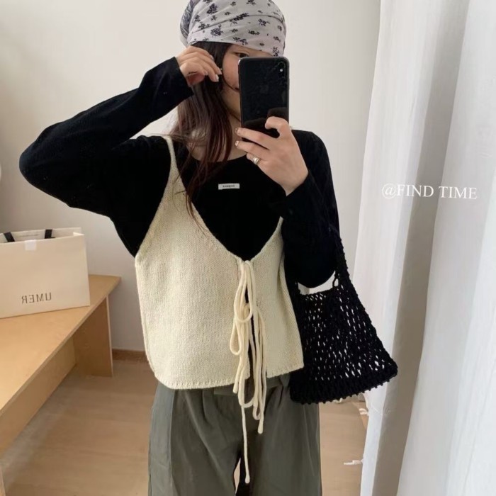 Áo vest dệt kim nhiều lớp thiết kế quai phong cách đầu thu màu trơn kiểu nước ngoài dành cho trang