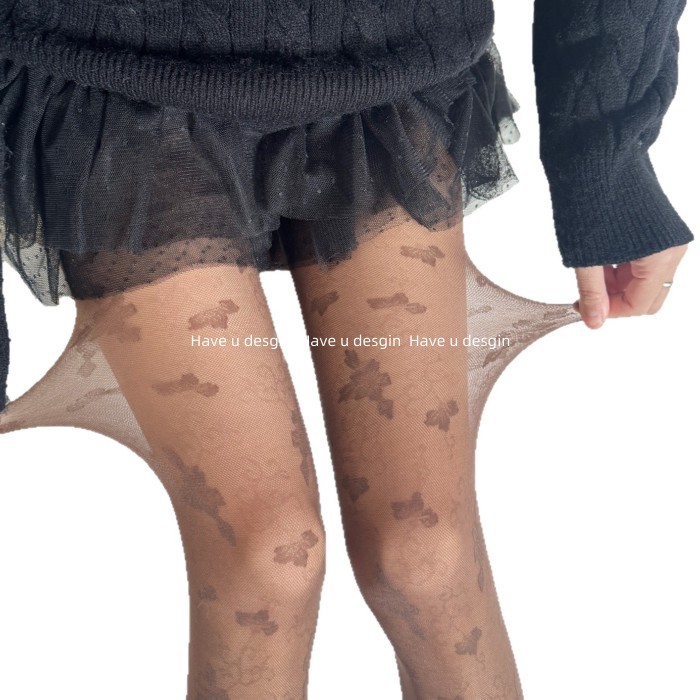 Vớ Mỏng Retro Jacquard Trong Suốt Thịt Trắng Nguyên Chất và Quần Legging Đen Họa Tiết Tối Gợi Cảm