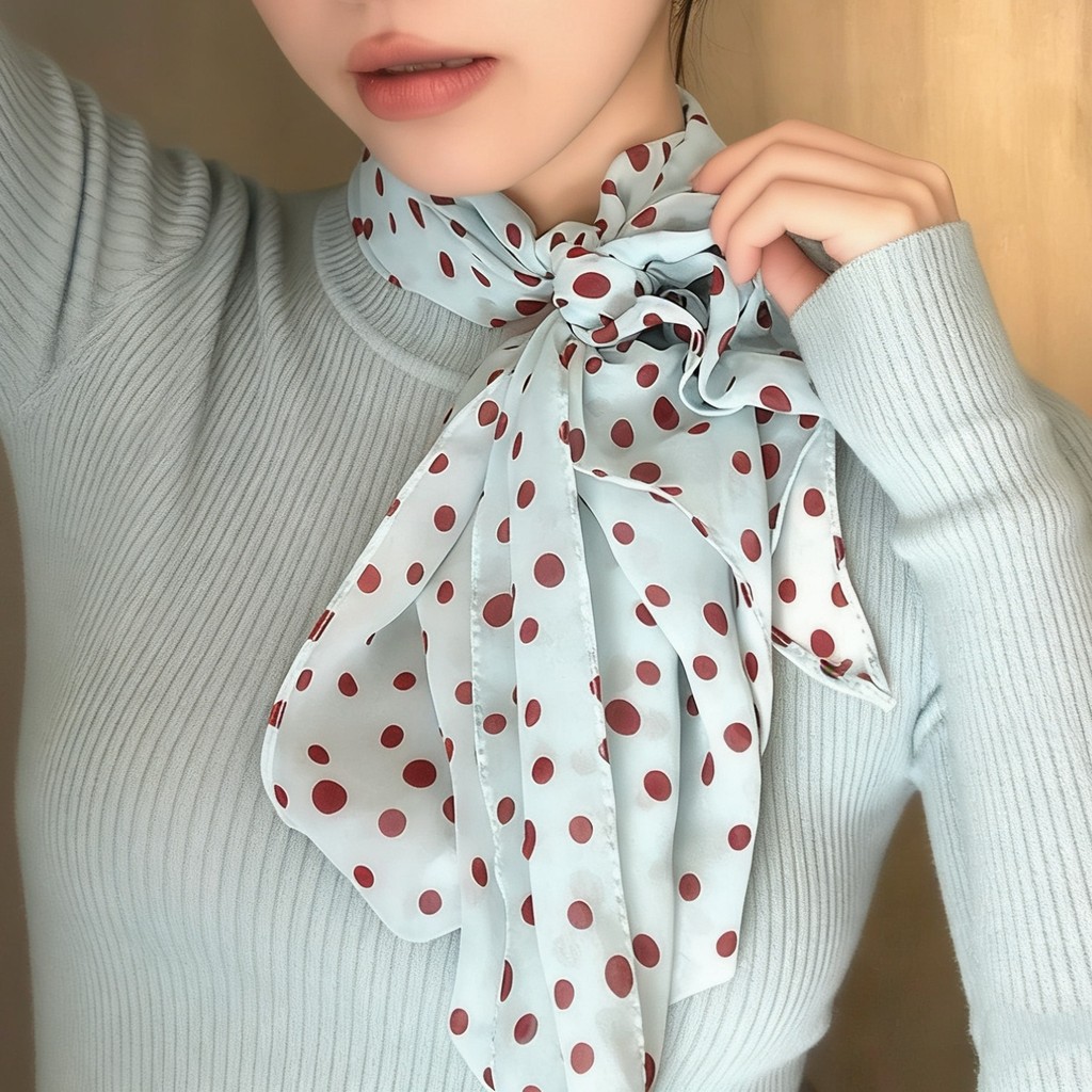 Khăn choàng lụa chấm bi màu xanh cổ điển, thiết kế thời trang và mỏng nhẹ