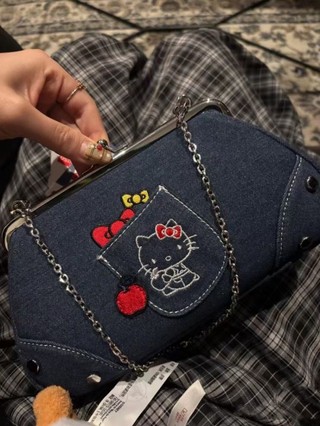 Hello Kitty mới hợp thời trang retro denim túi bánh bao dây chuyền túi kẹp tay túi xách nữ đa năng