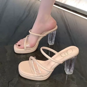 Giày sandal cao gót hở mũi trong suốt quai dày gót nhọn dành cho nữ mùa hè phong cách cổ tích cỡ lớ