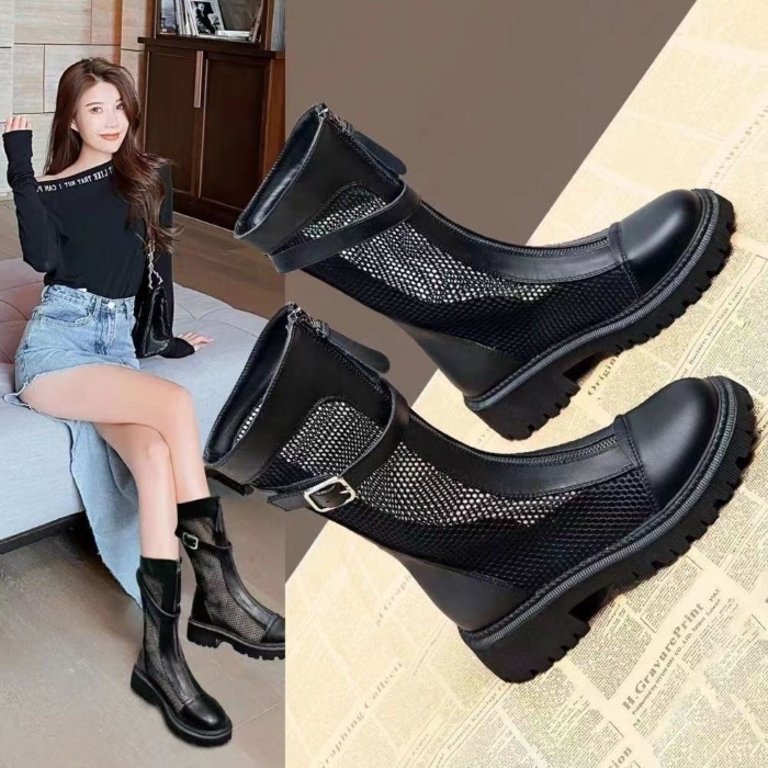 Lưới Rỗng Top Giày Bốt Martin Nữ Mùa Hè Phong Cách Anh Quốc Đế Dày Đa Năng Giày Bốt Lưới Thoáng Khí