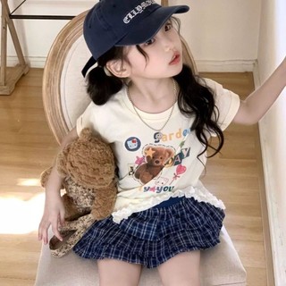 Bộ hai món gấu ngắn tay kẻ sọc mùa hè mùa hè dành cho bé gái Bộ bánh kem phong cách trẻ em