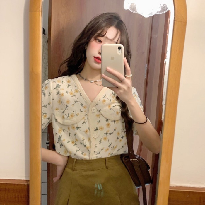 Áo sơ mi ngắn tay hoa kiểu Pháp dành cho nữ, áo ngắn cổ chữ V phong cách retro mùa hè mới