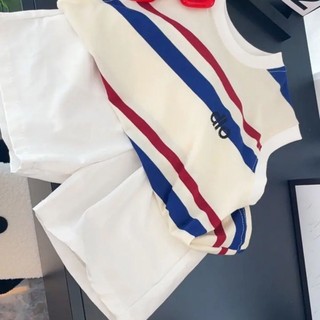 Bộ đồ không tay cho bé trai và bé gái, quần short mùa hè, quần áo mỏng, áo vest cotton sọc hai mảnh