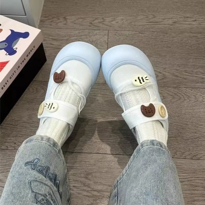 Giày vải Velcro Mary Jane đế dày hình mèo và cá đã sửa đổi dành cho nữ, giày đế bệt màu trắng thoán