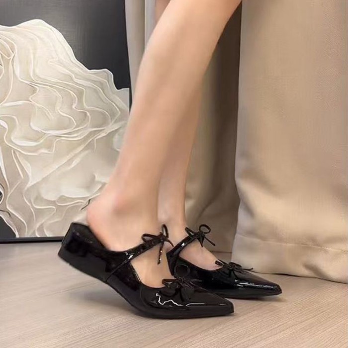 Nơ đôi bên trong mũi nhọn nửa dép dành cho nữ mùa hè mặc ngoài mũi nhọn giày nữ Mary Jane giày sand