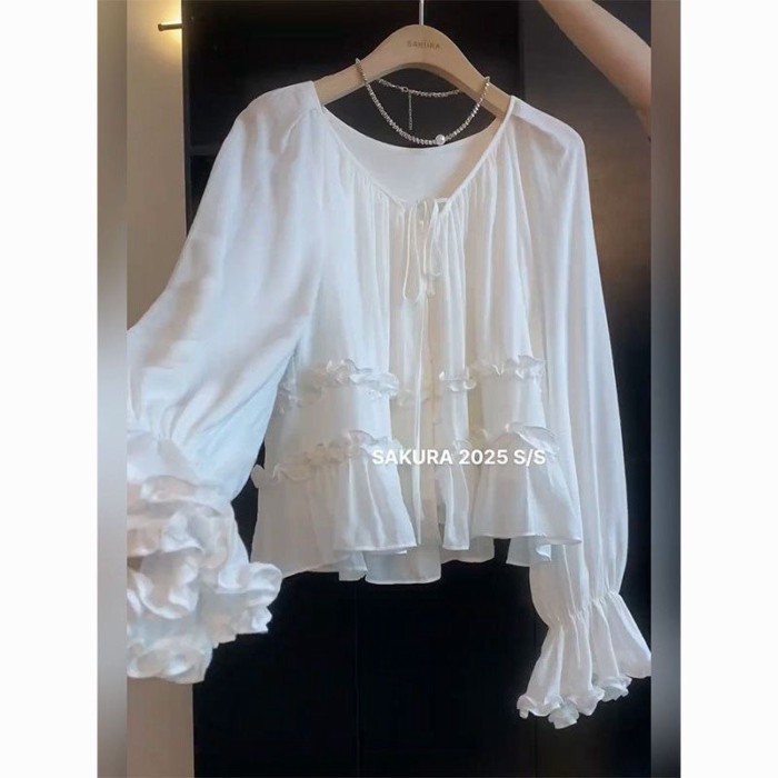 Lan - Áo sơ mi trumpeter phong cách Pháp mới, tay nhỏ, ôm body, phù hợp mùa hè