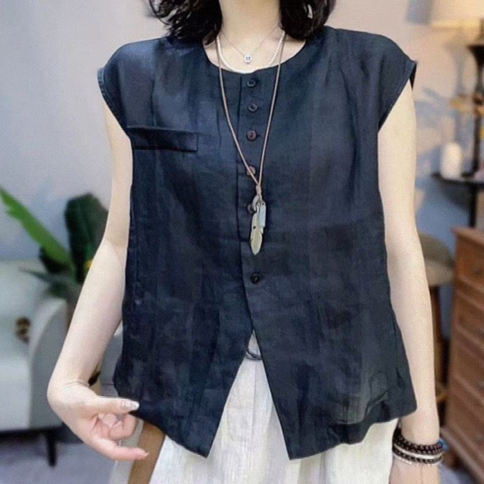 phong cách retro đơn giản dáng rộng áo vest mùa hè thời trang mới khí chất cổ tròn áo ngực đơn k
