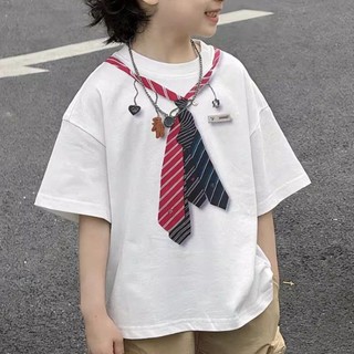 Cà vạt màu trắng ngộ nghĩnh dành cho trẻ em và bé trai mùa hè in hình nguyên chất cotton mỏng, dáng