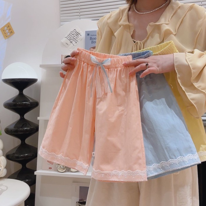 bé gái mới cotton nguyên chất quần ren mùa hè nơ bé quần thẳng phong cách Hàn Quốc