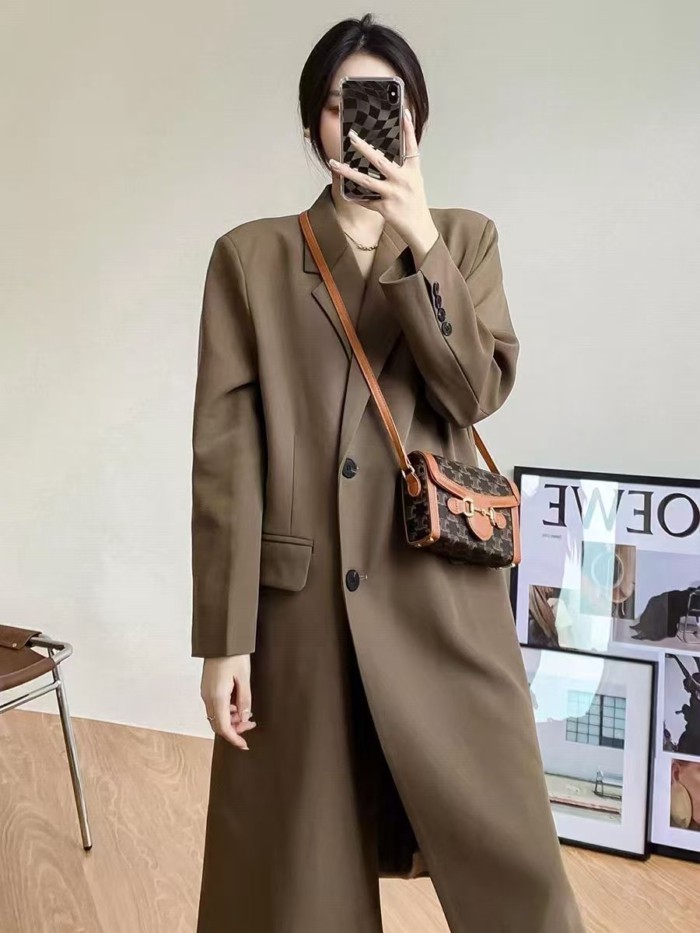 Áo blazer dáng dài thông thường dành cho nữ, áo khoác dáng rộng qua đầu gối