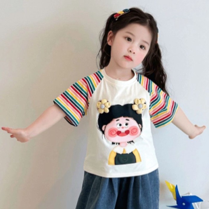 bộ quần áo mùa hè ngắn tay cho bé phong cách mới phong cách trẻ em in hoạt hình sọc chặn màu áo