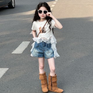 Áo thun ngắn tay bé gái, áo ren chắp vá thời trang cho bé gái, áo phông bé gái cỡ vừa và lớn