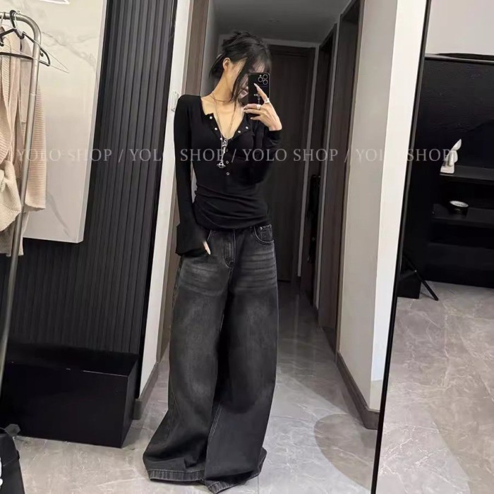Lan ~ Áo Sơ Mi Cổ Chữ V Dài Tay, Thiết Kế Hở Eo Hẹp Ôm Sát, Thích Hợp Các Mùa