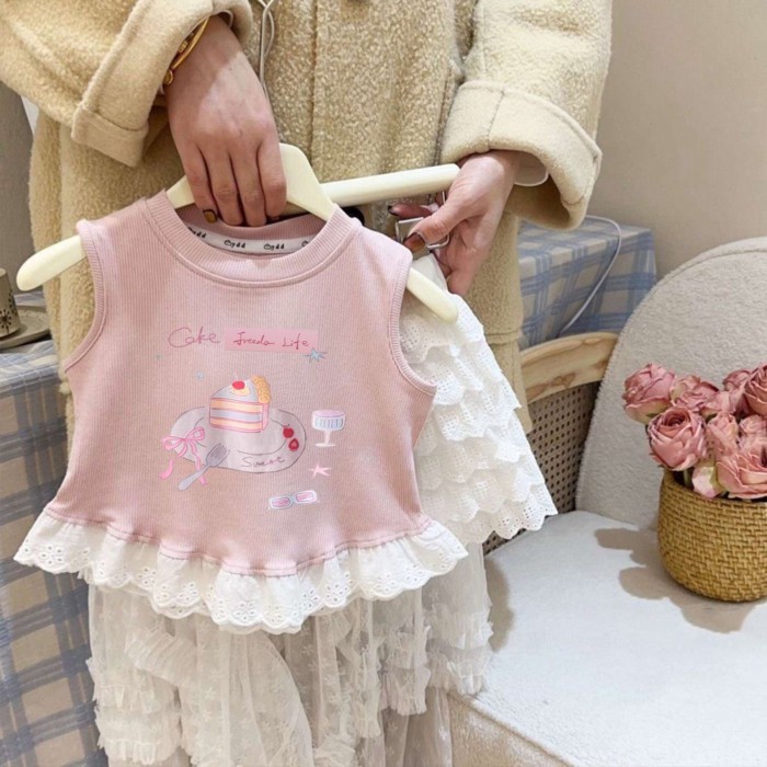 Áo vest phong cách Hàn Quốc cho bé gái mới nối ren treo mùa hè cho trẻ em Áo thun không tay in h