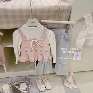 Áo vest dệt kim dành cho bé gái, áo dây có dây hoa ngọt ngào thời trang cho bé, áo vest thời trang