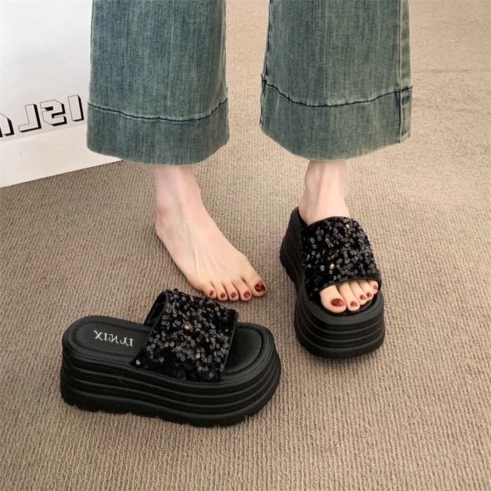 Giày sandal tăng chiều cao đế dày đính sequin cho nữ đi chơi mùa hè dép đa năng thời trang