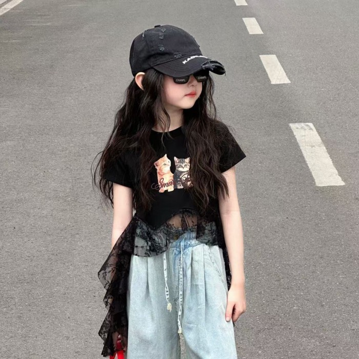 Áo thun ngắn tay mùa hè bé gái phong cách mới áo ren nối thời trang trẻ em áo đáy quần trẻ em cỡ