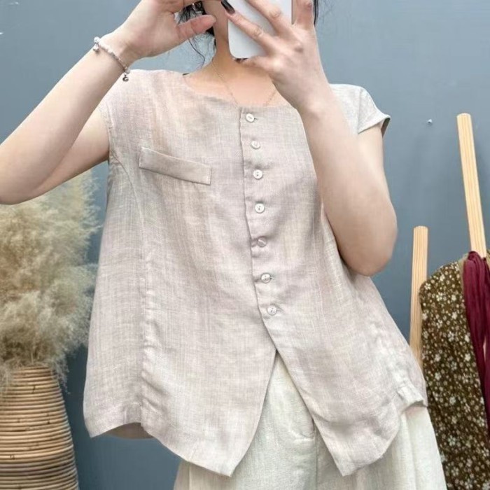 phong cách retro đơn giản dáng rộng áo vest mùa hè thời trang mới khí chất cổ tròn áo ngực đơn k