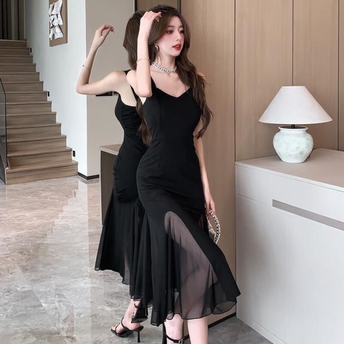 Phong cách Pháp retro treo cao cấp nhỏ váy đen nối lưới giảm béo khí chất người nổi tiếng váy dà
