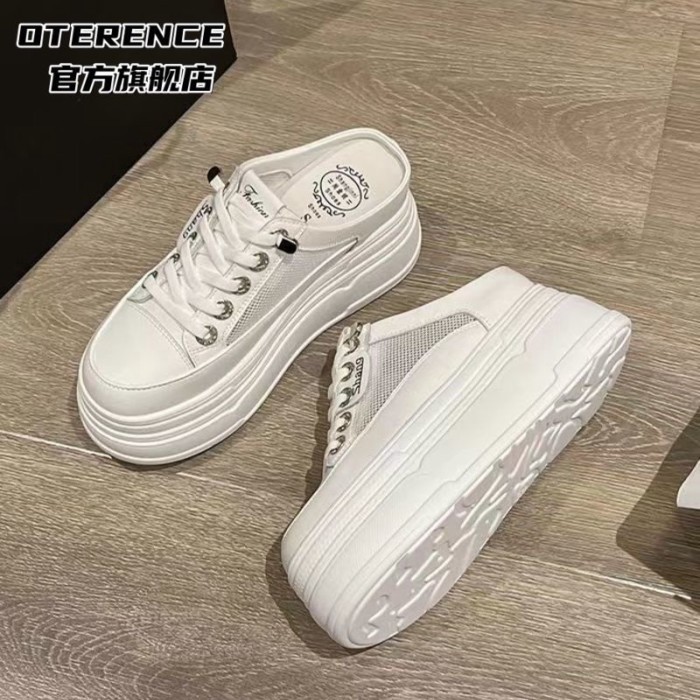 Giày lười lưới mùa hè nửa cốc màu trắng dành cho nữ Giày đế dày Baotou bên trong tăng chiều cao của