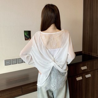 Plus Size Nữ Mùa Hè Áo Voan Dài Tay Giảm Béo Che Bụng Phối Ren Khâu Dây Áo