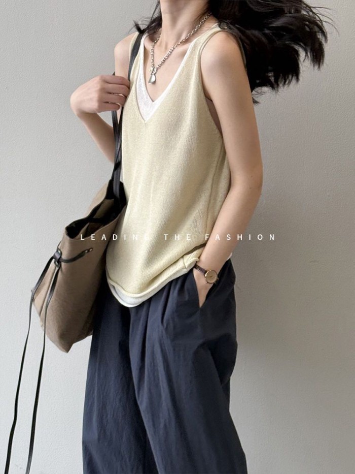 Áo Không Tay Mùa Hè Yếm Áo Vest Màu Sắc Tương Phản Giả 2 Áo Vest Nữ Mùa Hè Cổ Chữ V Thời Trang Áo T