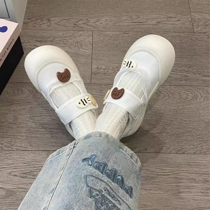 Giày vải Velcro Mary Jane đế dày hình mèo và cá đã sửa đổi dành cho nữ, giày đế bệt màu trắng thoán
