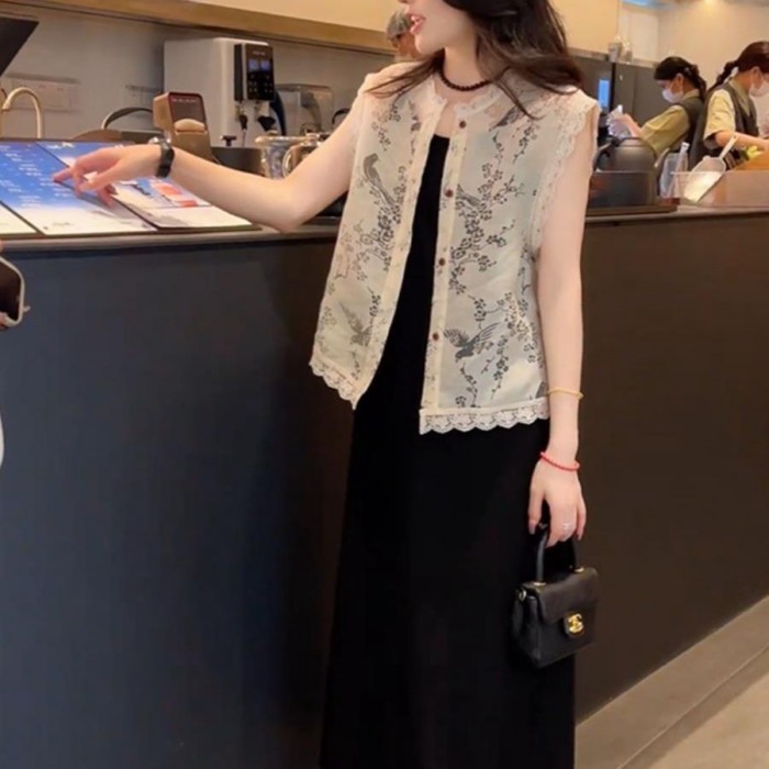 Mùa Hè Phong Cách Mới Trung Quốc Ren Jacquard Áo Cardigan Tính Khí Ôm Tay Rỗng Mỏng Top