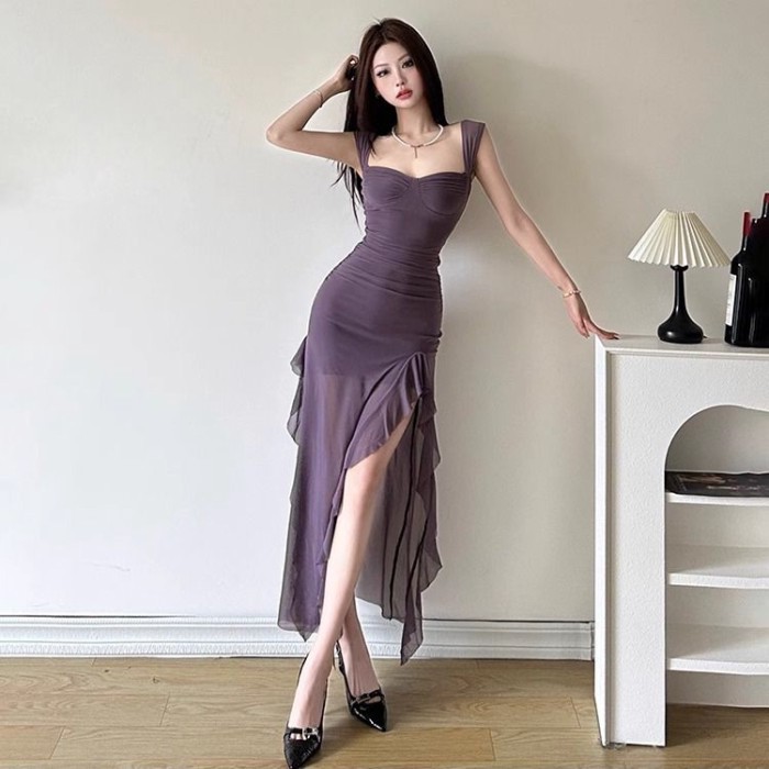 váy ôm màu tím xẻ tà dây cổ váy dài váy dành cho nữ