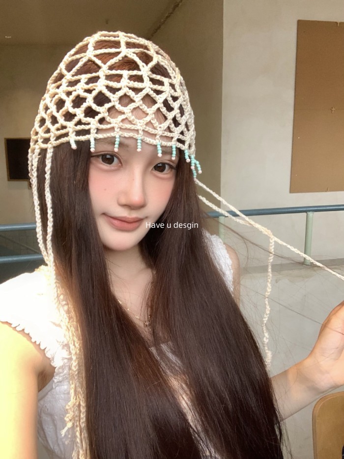 Mũ dệt kim phong cách dân tộc với chiếc tua rua sáng tạo, thoáng mát dành cho mùa hè