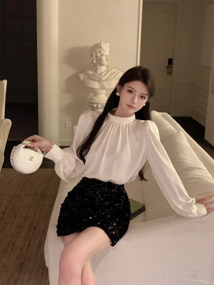 Áo sơ mi satin tay phồng dành cho nữ Áo cổ lọ nửa cổ có áo bên trong