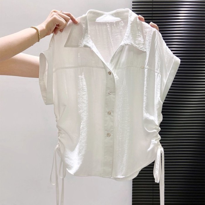 Ve Áo Áo Sơ Mi Tay Ngắn Nữ Mùa Hè Mới Dây Rút Giảm Béo Rời Đa Năng Ngắn Cổ Polo Top