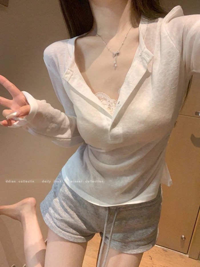 Áo ren nối giả áo hai dây Áo thun nữ mùa hè mỏng hơi xuyên thấu băng lụa dài tay
