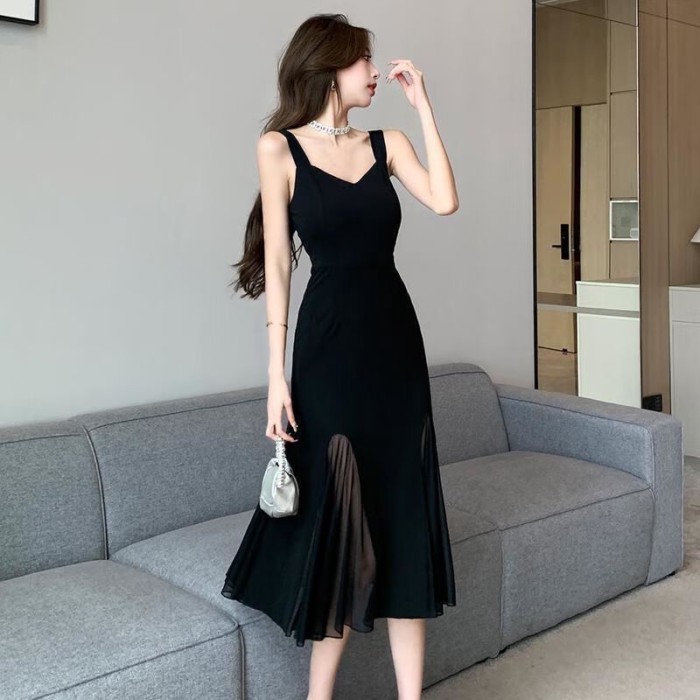Phong cách Pháp retro treo cao cấp nhỏ váy đen nối lưới giảm béo khí chất người nổi tiếng váy dà