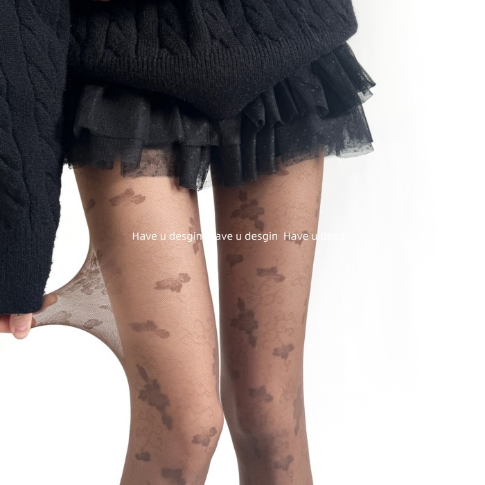 Vớ Mỏng Retro Jacquard Trong Suốt Thịt Trắng Nguyên Chất và Quần Legging Đen Họa Tiết Tối Gợi Cảm