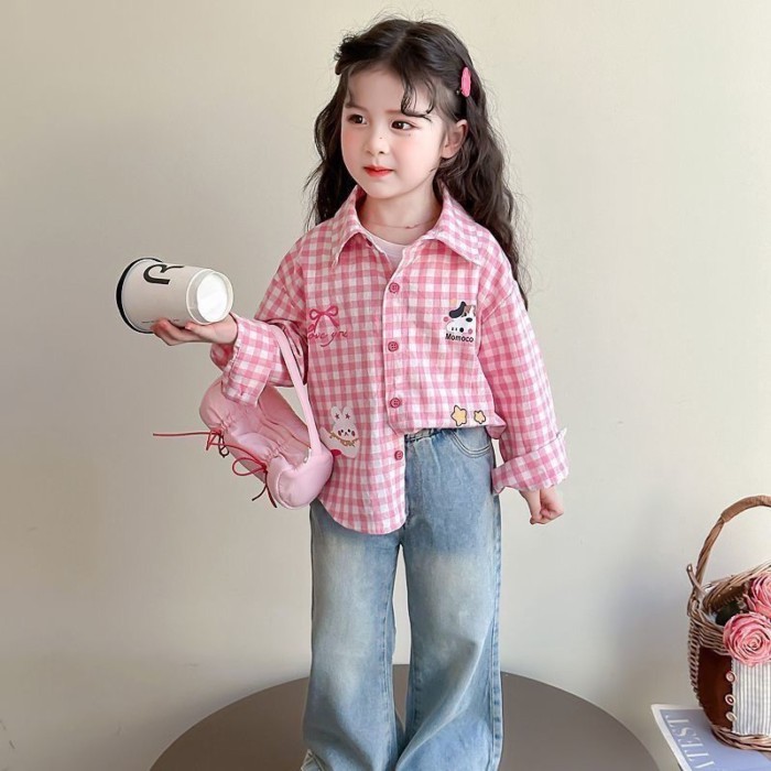Áo Sơ Mi Nữ Mới Áo Kẻ Sọc Hàn Quốc Trẻ Em Thời Trang Xuân Thu Hoạt Hình Áo Sơ Mi Dài Tay