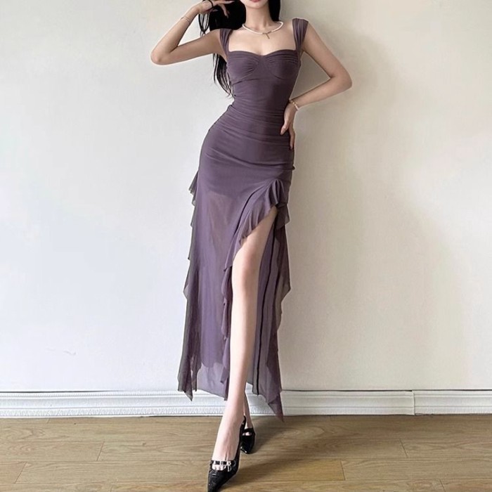 váy ôm màu tím xẻ tà dây cổ váy dài váy dành cho nữ