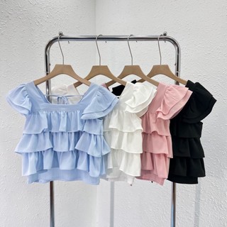 Áo babydoll ngắn tay bé gái, áo thun tay bay thời trang đa năng cho bé gái, áo vest diềm xếp nếp bé